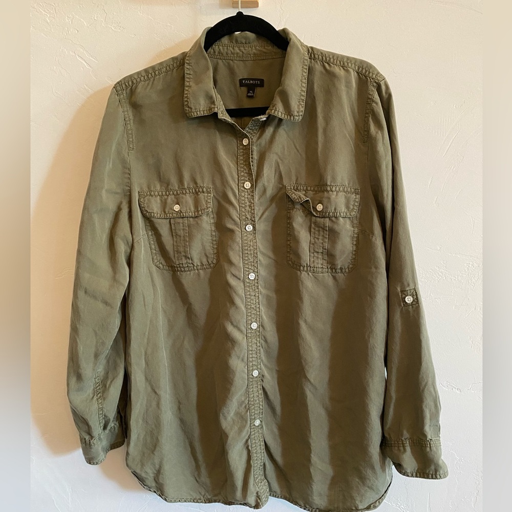 Talbots olive green button down shirt